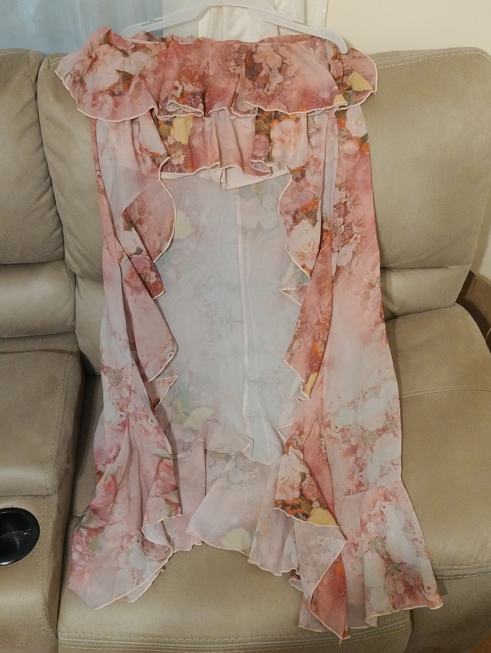 Floral Ruffle Sheer Kimono Cover-Up in Blush Pink